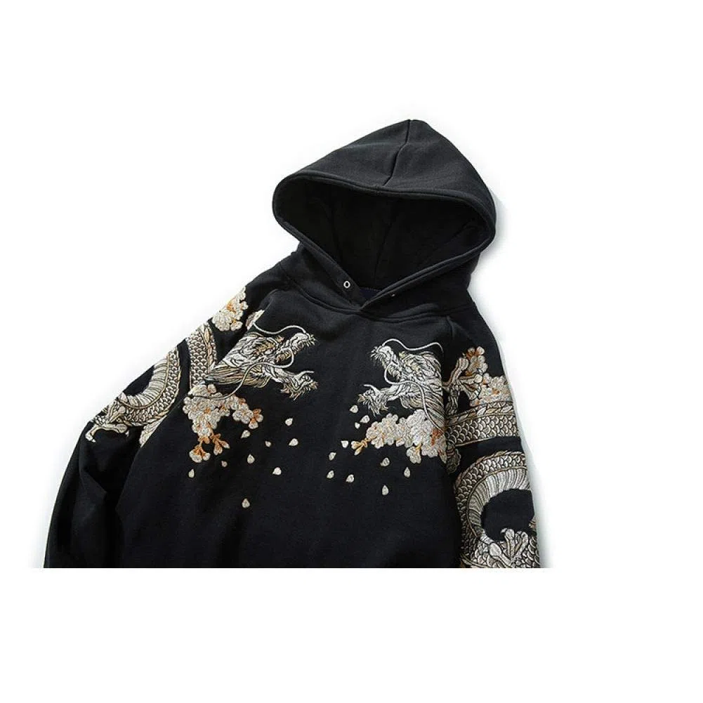 Felpa con Cappuccio da Uomo Hip Hop Streetwear Felpa con Ricamo Floreale in Pile di Cotone con Ricamo Drago Cinese Phoenix