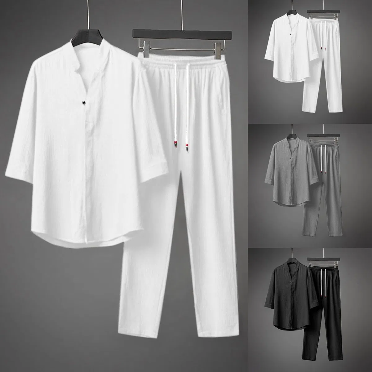pvucpot Set da 2 Pezzi in Lino da Uomo Completi Estivi per Le Vacanze al Mare, Camicia a Maniche Corte Casual abbottonata Set di Pantaloni Lunghi Larghi