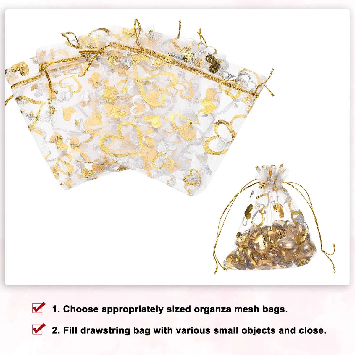 QUARKZMAN Sacchetti Organza, 10 x 15cm, Buste Regalo con Coulisse Cuore in Rete Trasparente, Sacchettini Bomboniere Ingrosso, Sacchetti per Gioielli,(Bianco-Oro, 50Pz)
