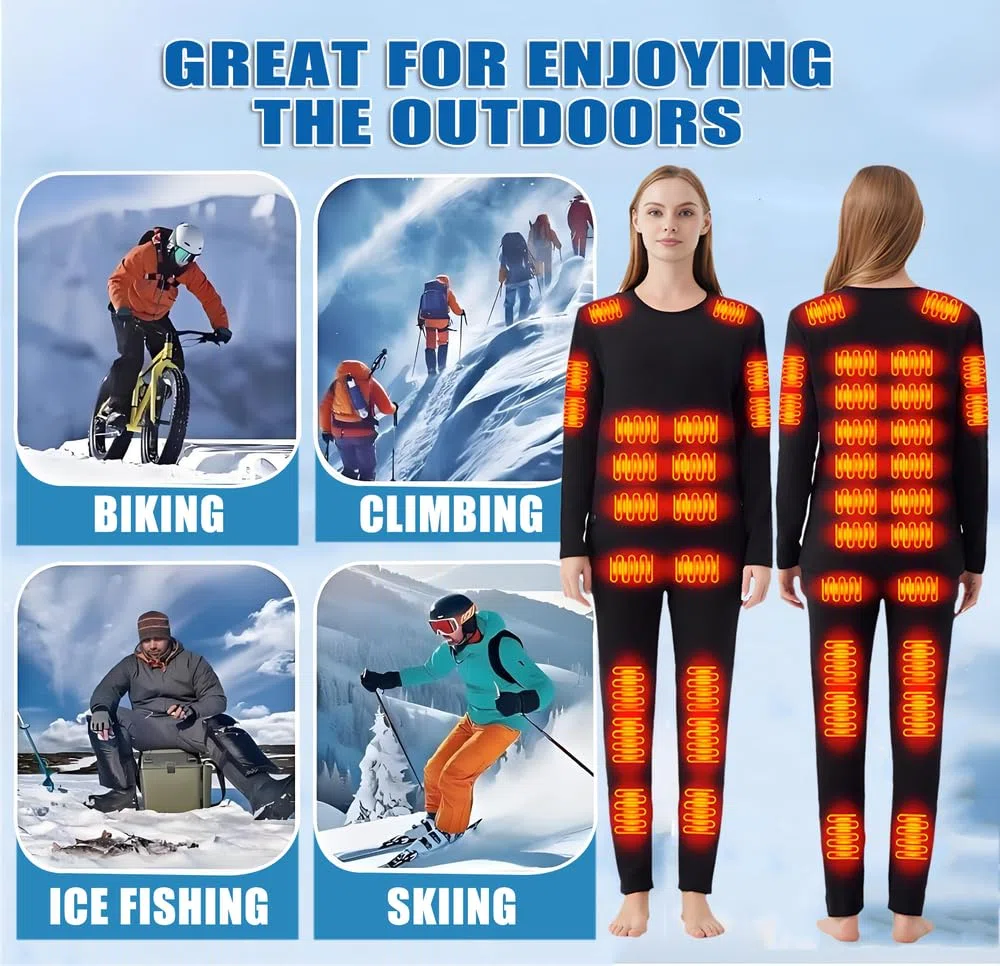 Biancheria intima unisex riscaldata,Zona 26 Top termico riscaldato, pantaloni con 16 zone,Interfaccia di alimentazione USB/DC,3 impostazioni di temperatura, adatta per campeggio ed escursionismo