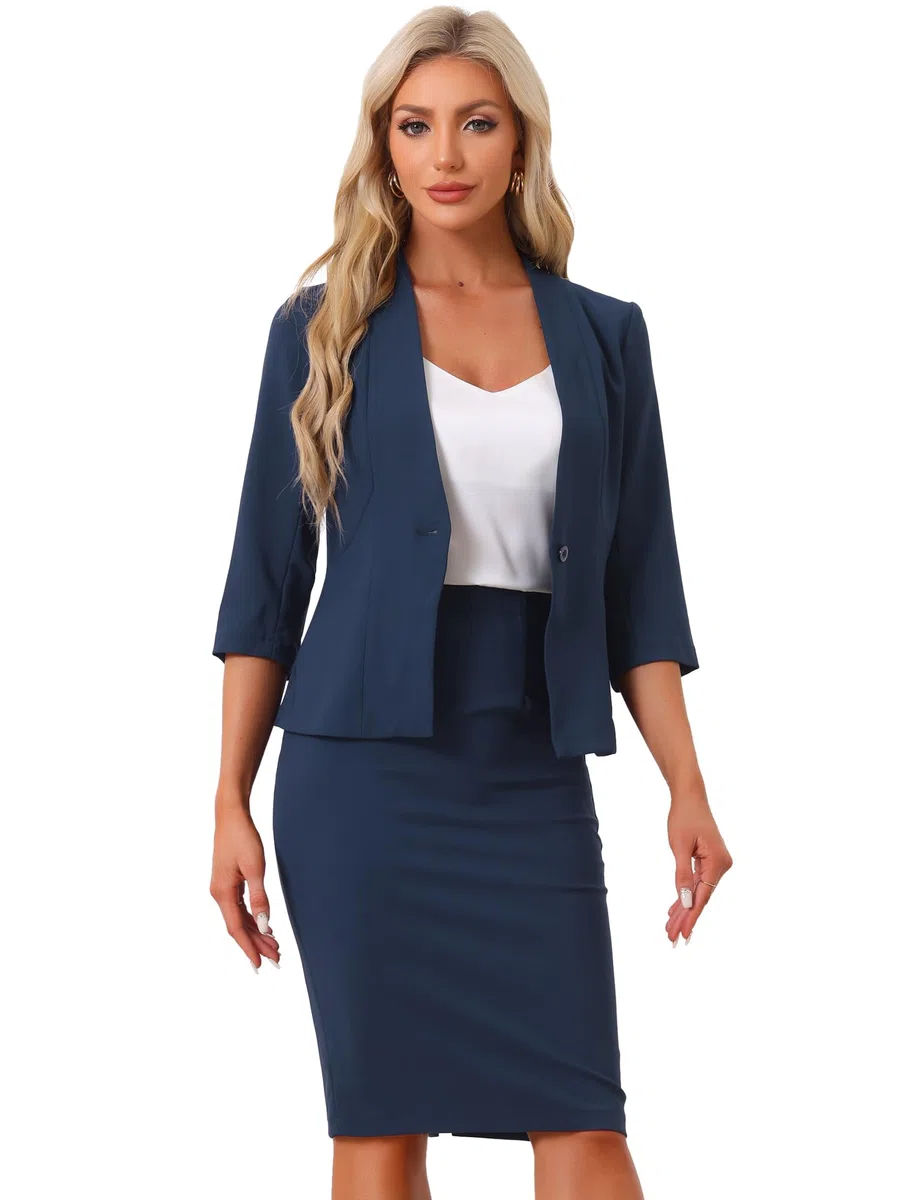 Allegra K Donna Set Gonna da Lavoro per Gonna A Tubino Blazer Senza Colletto in 2 Pezzi da Ufficio Blu Navy S