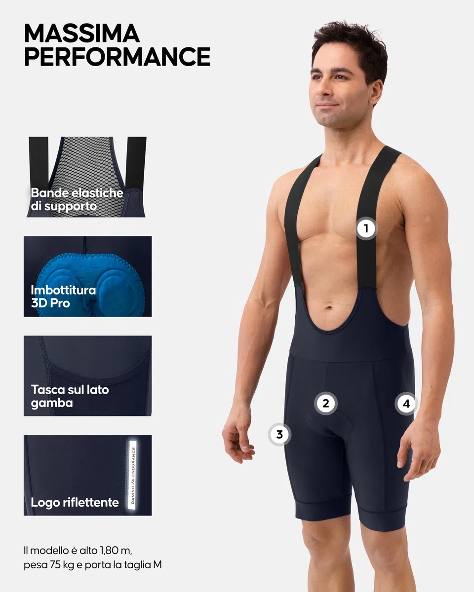 DANISH ENDURANCE Salopette da Ciclismo, Fondello con Imbottitura 3D in Camoscio, Pettorina e Pantaloncini, Quick Dry, Uomo Blu Scuro M