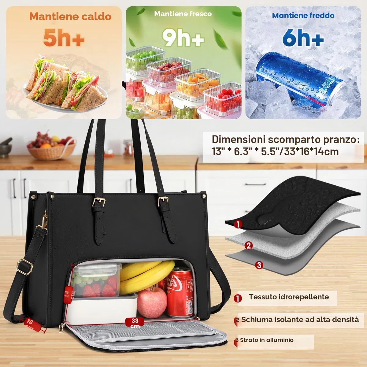 RAINSMORE Borsa Lavoro Donna con Scomparto Pranzo Isolato Grande Borsa Porta PC 15.6 Pollici Impermeabile Borse Tote Pelle PU per Università Ufficio Shopper