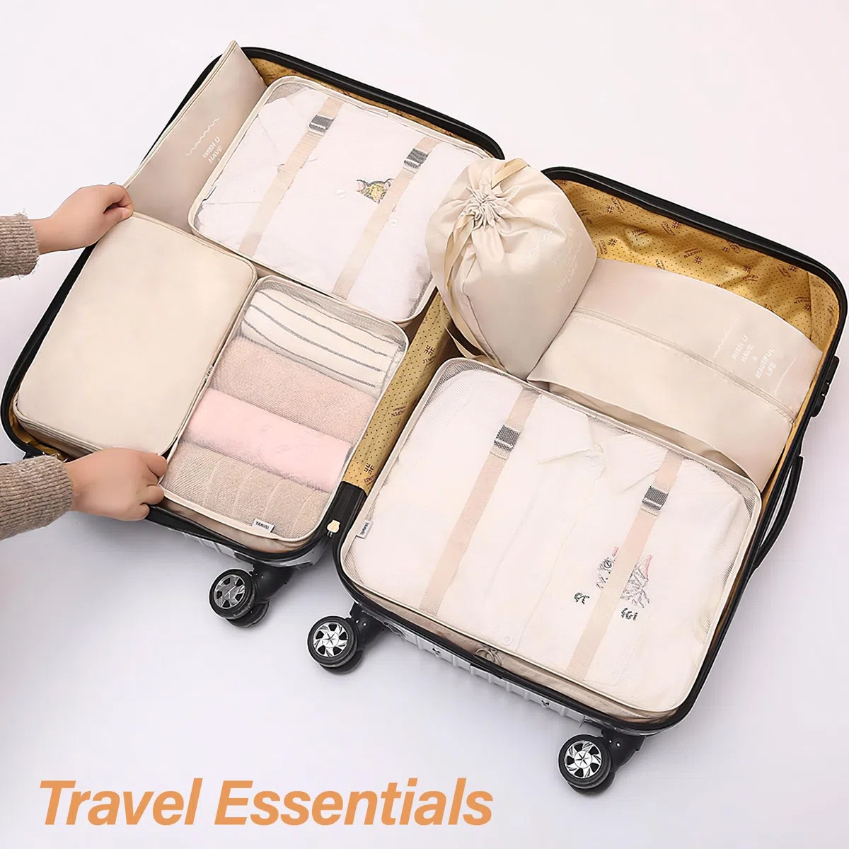 10 Pezzi Organizer Valigia Salvaspazio (Beige) – Set Packing Cubes, Organizer Valigie per Viaggi, Accessori Utili per Vacanze e Classificazione Abbigliamento Intimo e Calzature