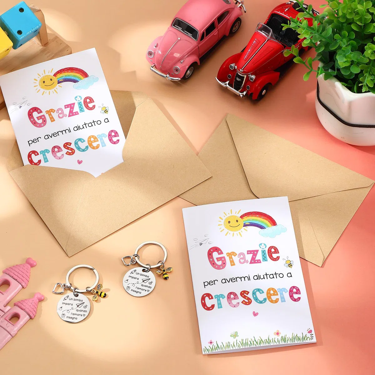 Clabby 6 Sets Idee Regali Maestre di Fine Anno Regalo per Insegnante 6 Portachiavi Insegnanti 6 Biglietti d'Auguri di Arcobaleno 6 Buste per Laurea Asilo Scuola Elementare Professoressa