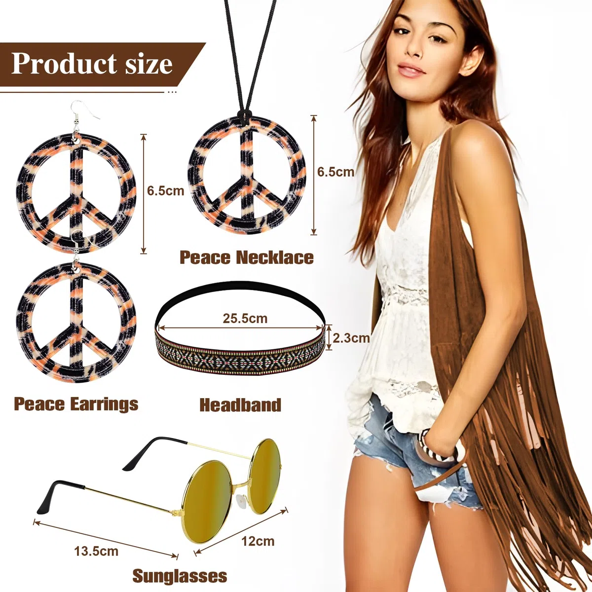 Costume Hippie Donna Anni 60 Anni 70 Gilet Nappa Occhiali da Sole Collana Orecchini Cerchietto Accessori Hippie Discoteca Festa di Halloween Natale Carnevale