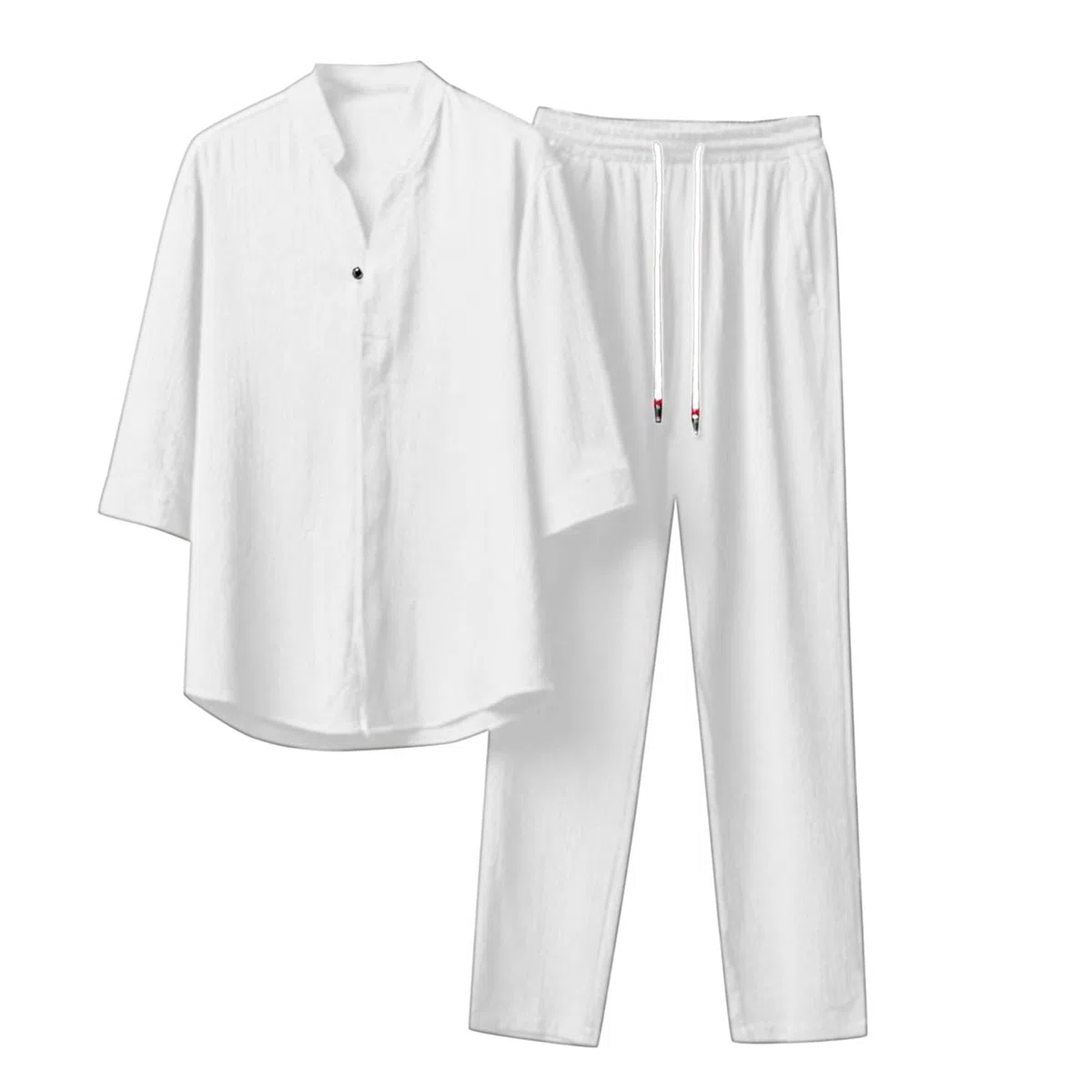 pvucpot Set da 2 Pezzi in Lino da Uomo Completi Estivi per Le Vacanze al Mare, Camicia a Maniche Corte Casual abbottonata Set di Pantaloni Lunghi Larghi