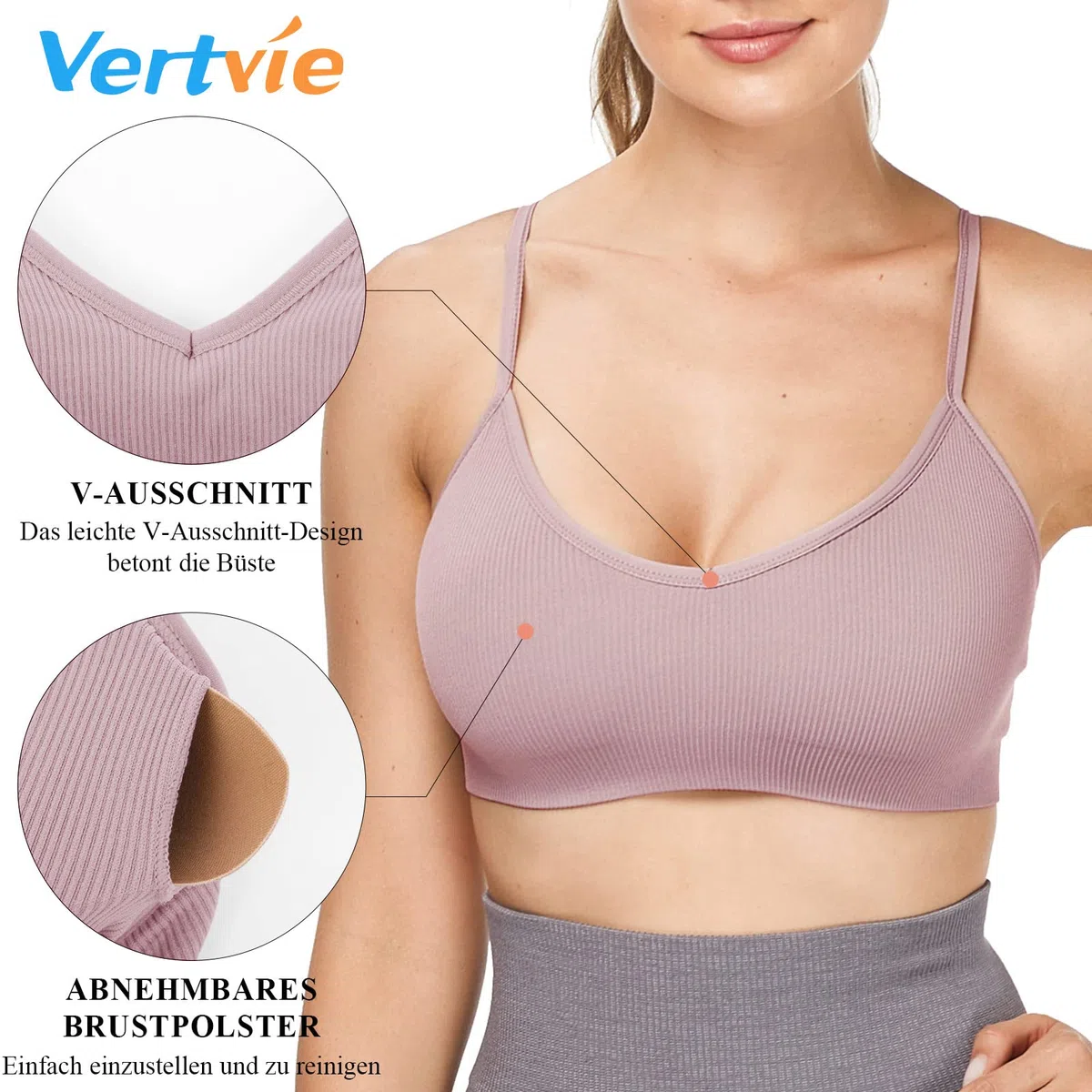 Vertvie - Reggiseno sportivo da donna, 2/3/4 pezzi, senza ferretto, imbottito senza cuciture, reggiseno a basso supporto nero/bianco/grigio chiaro/viola. XL