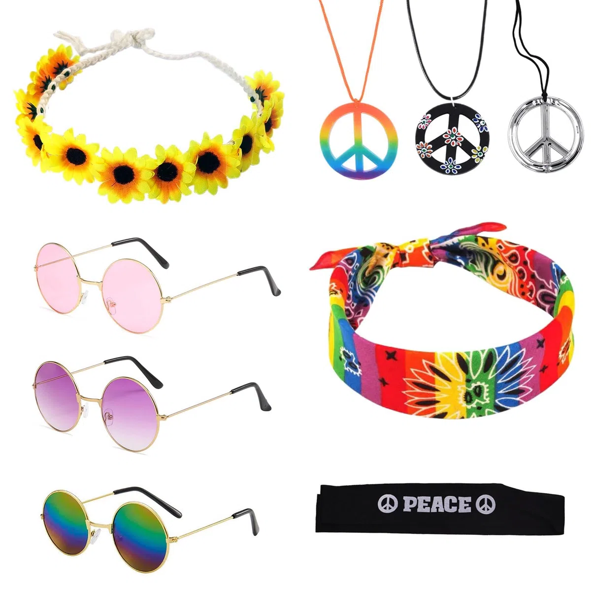 TSHAOUN Set di 9 costumi hippie, tra cui occhiali da sole rotondi, collana con girasole e fascia colorata hippie per feste anni '70 e '80