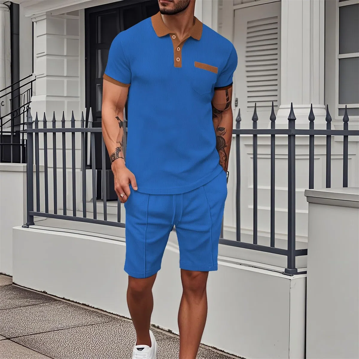 Tuta da uomo per il tempo libero, estiva, 2 pezzi, con colletto a maniche corte e pantaloni corti, tinta unita, elegante, per business, jogging, fitness, palestra