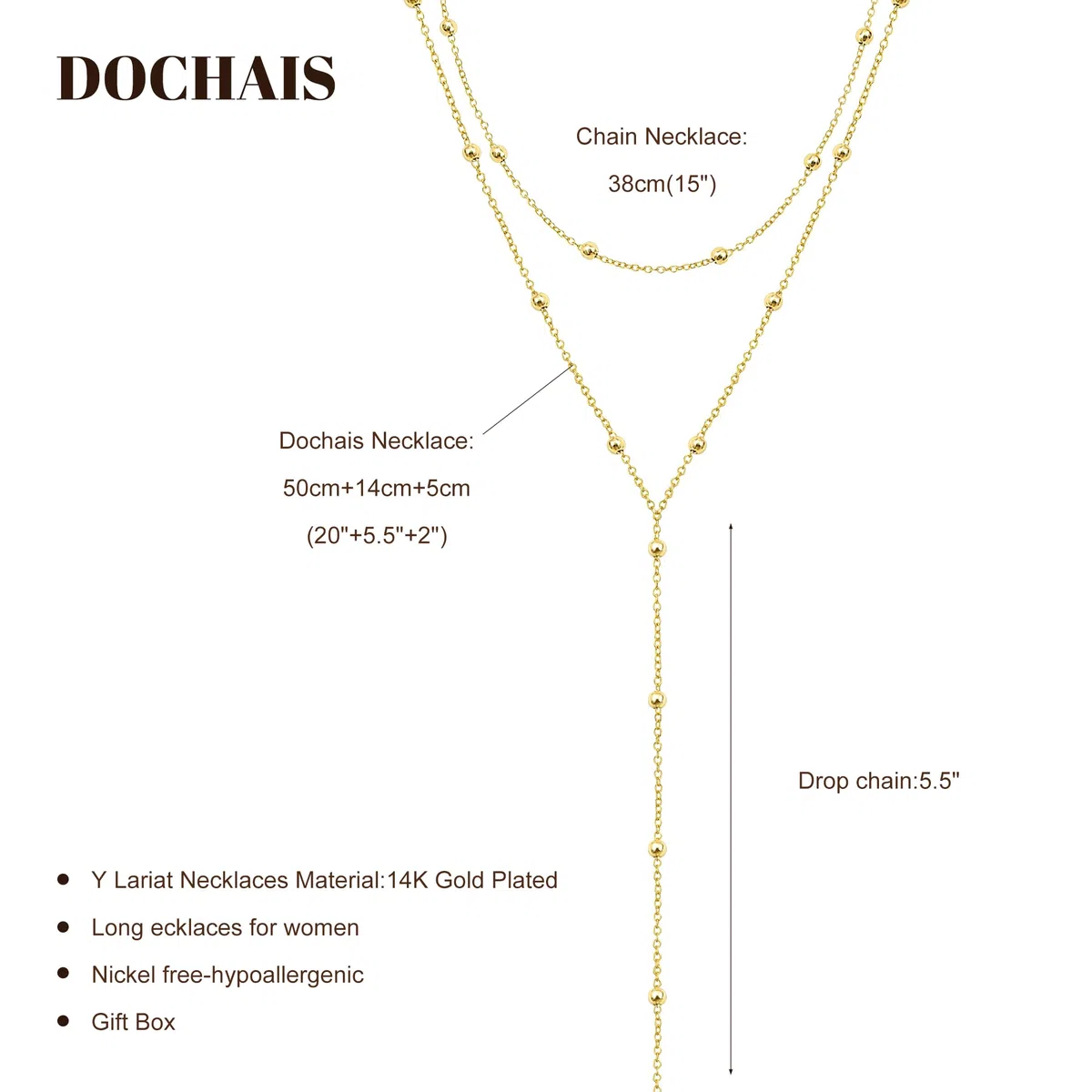 Dochais Collana Lunga in Oro da Donna con Pendente a Y Placcato in Oro 14K, Collana Multistrato con Perle CZ, Gioielli Eleganti per Donne