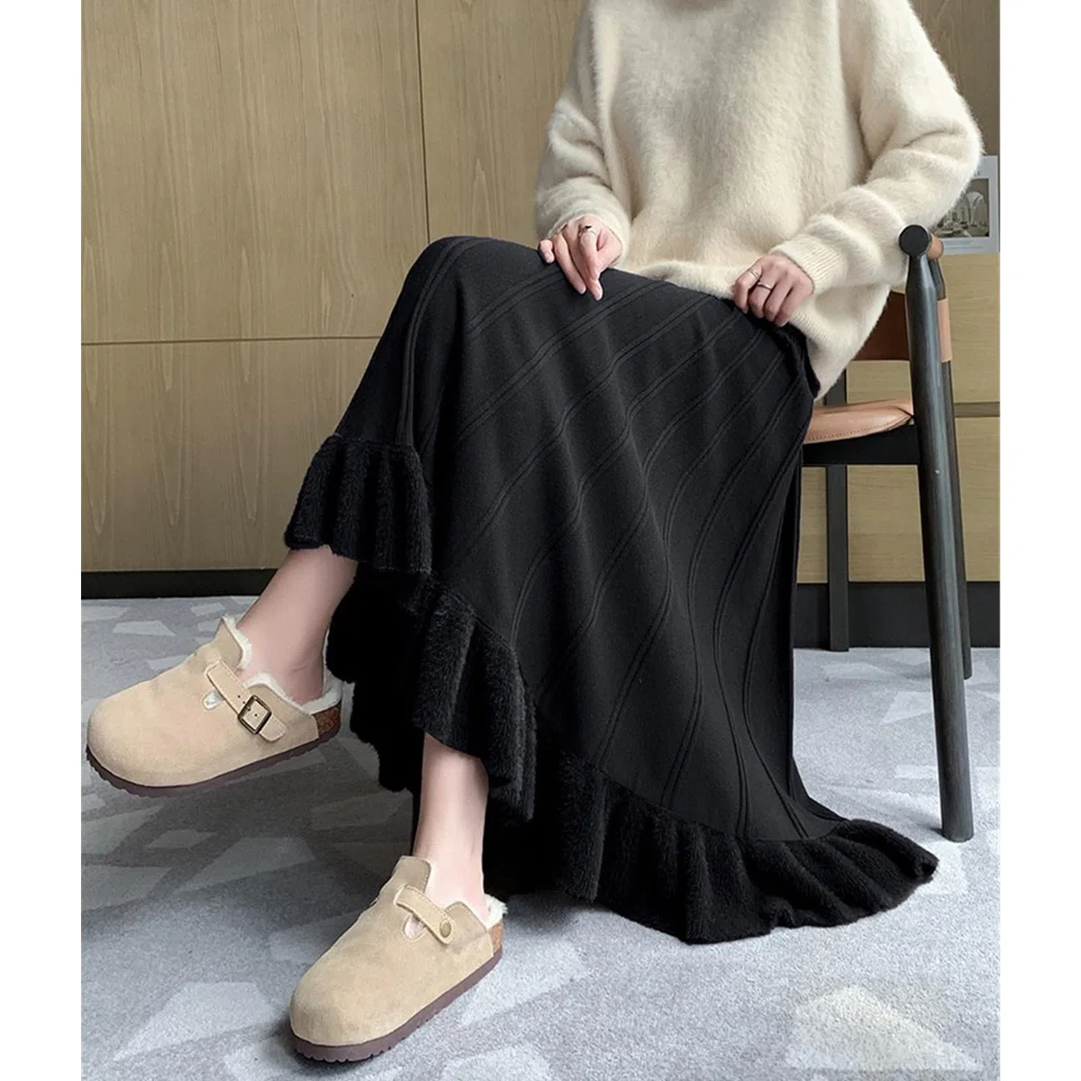 TEidea Gonna Jeans Donna Gonna Lunga Plissettata A Maglia alla Moda, Gonna Lunga Plissettata A Vita Alta per Le Donne in Autunno E Inverno