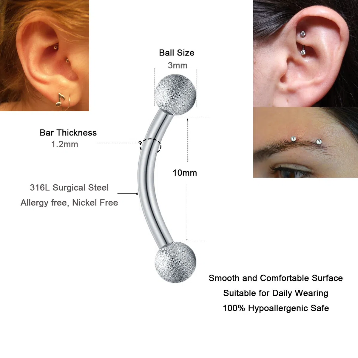 MODRSA Acciaio Chirurgico Piercing 16G - Labbro, Sopracciglia, Ombelico, Anello Helix, Cartilagine Orecchini, Bananen Bar - 6 Pezzi Curvo Barbell