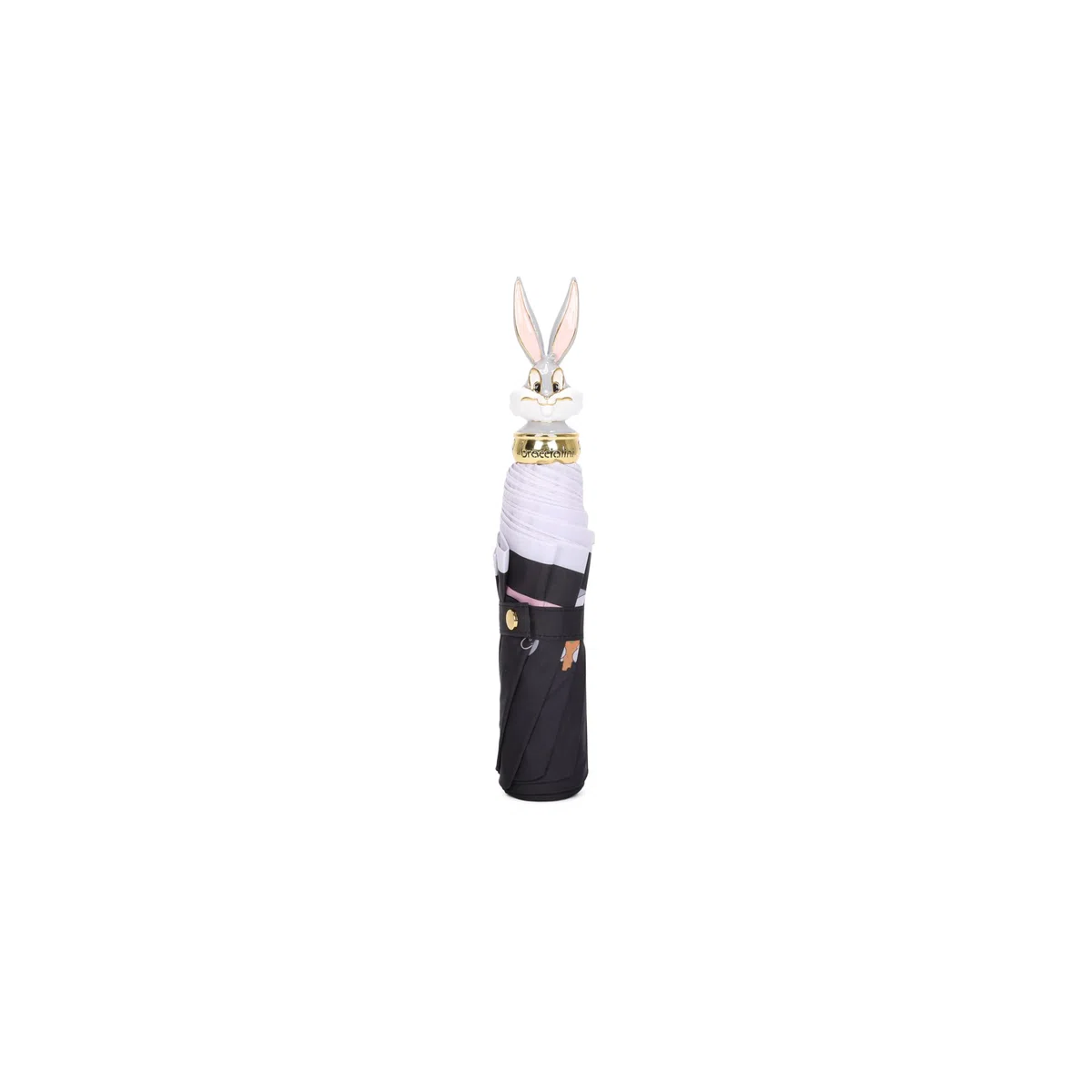 Braccialini Ombrelli Lt Ombrello manuale con impugnatura sagomata a forma di Bugs Bunny. Design romantico su base nera con cuori e grafica di Bugs Bunny. Dettagli rosa a contrasto e logo Looney Tunes