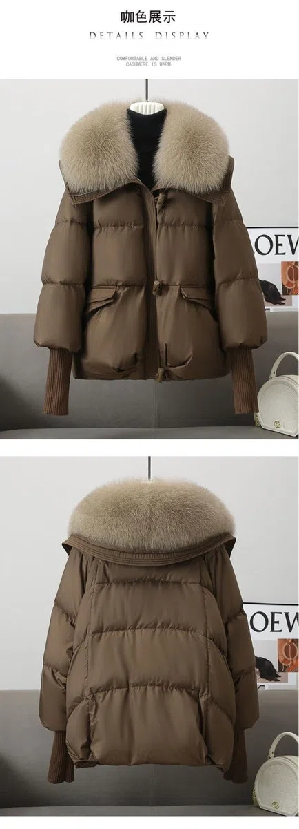 Donna Inverno Grande Collare Peloso Ispessito Piumino Corto Ispessito Parka Maniche a Maglia Sciarpa Cappotto Vento Neve Giacca Invernale Caldo Imbottito