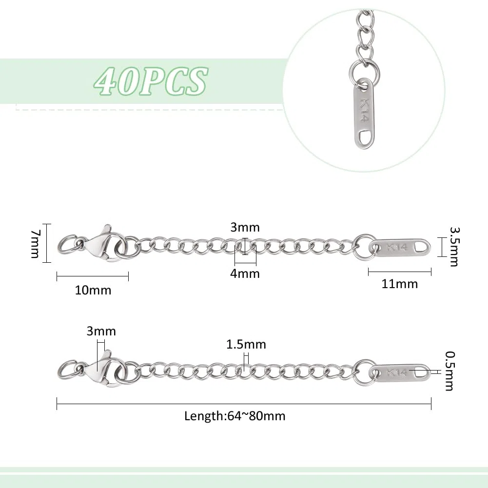 UNICRAFTALE 40Pz Estensore A Catena in Acciaio Inox 64~80mm Collana Bracciale Estensore A Catena Cavigliera Ciondolo Estensori A Catena Prolunga per Catena con Charms per La Produzione di Gioielli
