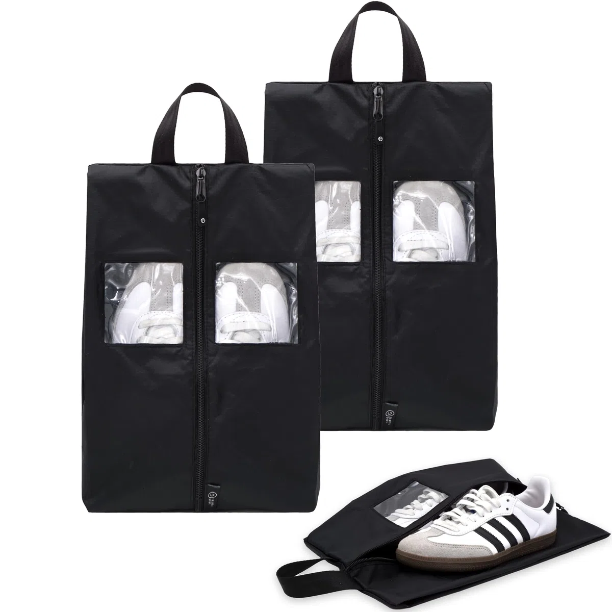 TRAVEL DUDE Set da 2 Porta Scarpe da Viaggio | Borse per Scarpe in Nylon | ideali per Viaggiare | resistente alla luce e all'acqua (Nero, Set borse da scarpe)