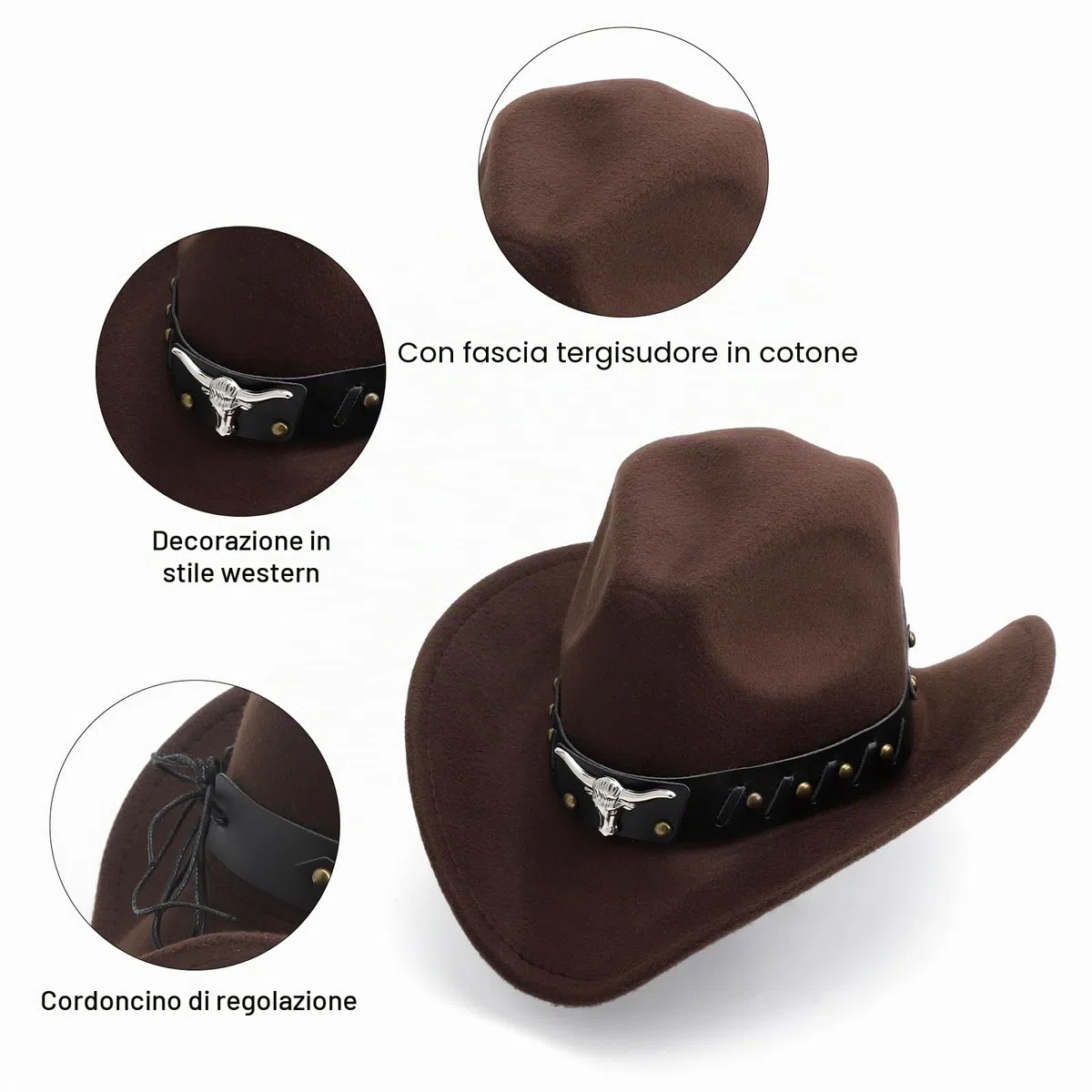 HENGBIRD Marrone Cappello Cowboy Donna,Cappello Uomo,Cappello Donna,con Applicazione a Testa di Toro e Fascia Regolabile (56-60 cm) per Giardinaggio e Feste a Tema,gita al Mare