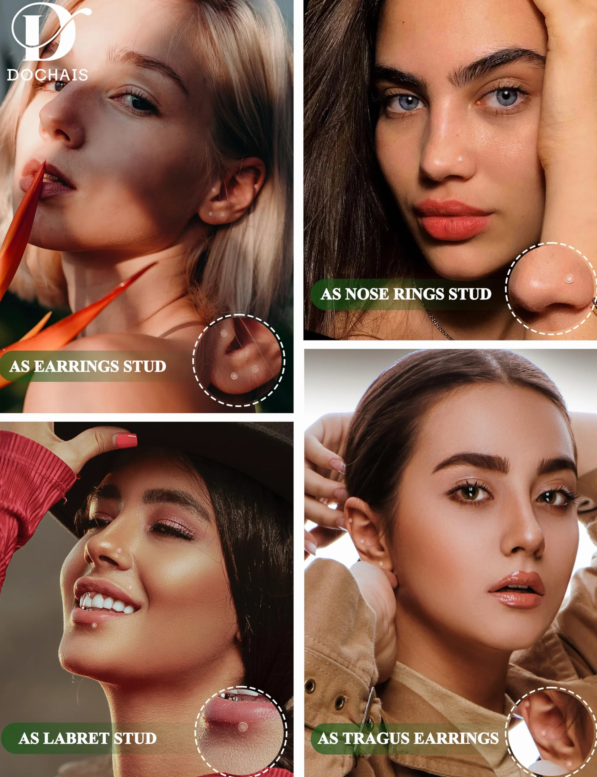 Dochais 16G 18G Trasparente Piercing Fermi Flessibile Acrilico Chiaro Retainer Piercing Labbro Naso Labret Fermi Trago Helix Cartilagine Orecchino Transparent Piercings 16 Pezzi 6mm 8mm 10mm 12mm