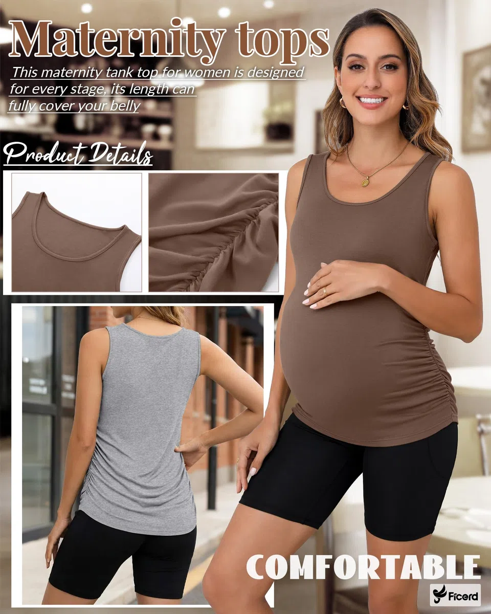 Ficerd Set da 4 Canotte Premaman Donna Senza Maniche con Arricciatura Laterale Girocollo Casual Estive Basic