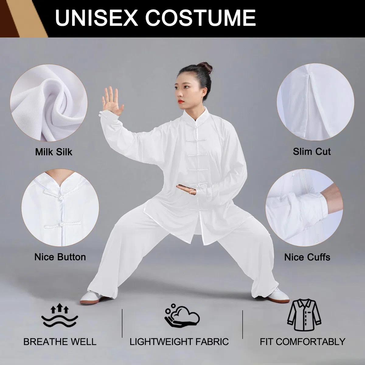 BBLAC 2KEY Abbigliamento per arti marziali | Uniformi tradizionali cinesi per Tai Chi e Wing Chun | Costume unisex realizzato in seta di latte | Costumi leggeri per meditazione e qigong