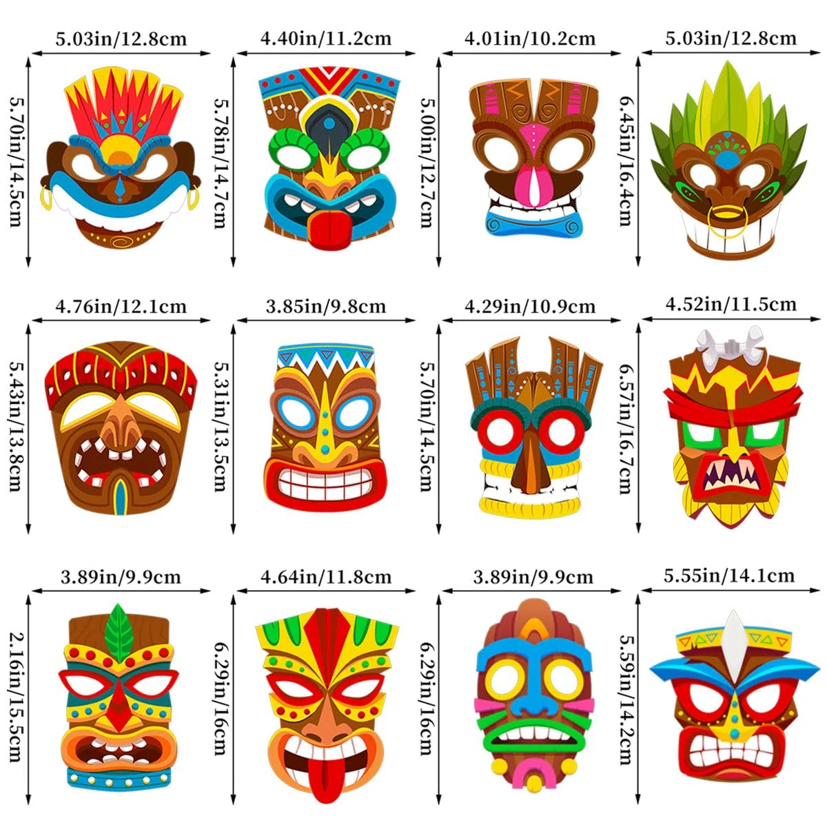 Set di 12 Maschere Tiki per Feste Hawaiane - Maschere Polinesiane Tropicali per Luau, Carnevale, Halloween, Feste in Spiaggia e Costumi