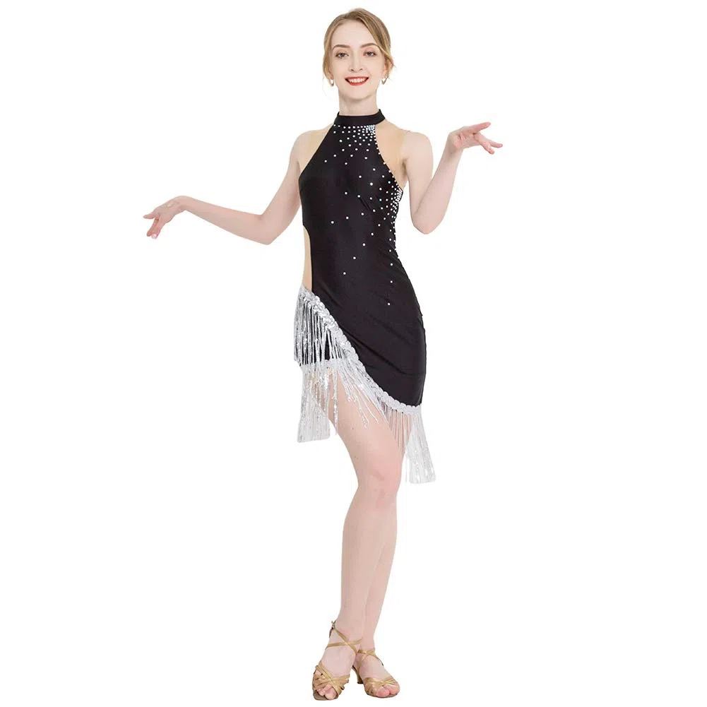 ROYAL SMEELA Abito da Ballo Latino Donne Strass Abito Frange di Paillettes Salsa Tango Sala Costume da Ballo Nero - 5 Dimensioni