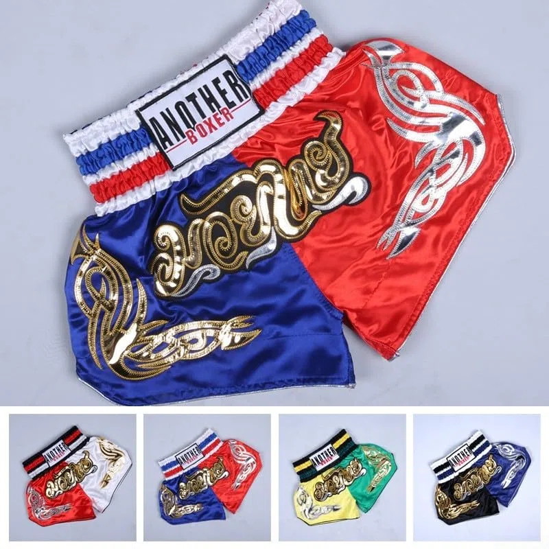 Unisex Muay Thai Boxe Pantaloncini AnotherBoxer MMA Kickboxing Traspirante (M Nero+Blu)