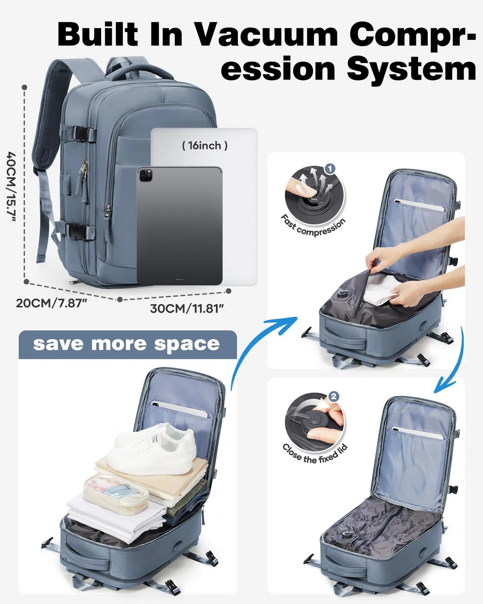 Zaino Ryanair 40x30x20 Sottovuoto Con Pompa 40x20x25 Zaino da Viaggio Aereo Bagaglio a Mano Con Porta Scarpe Wizzair Zaini Donna Uomo (Blu)
