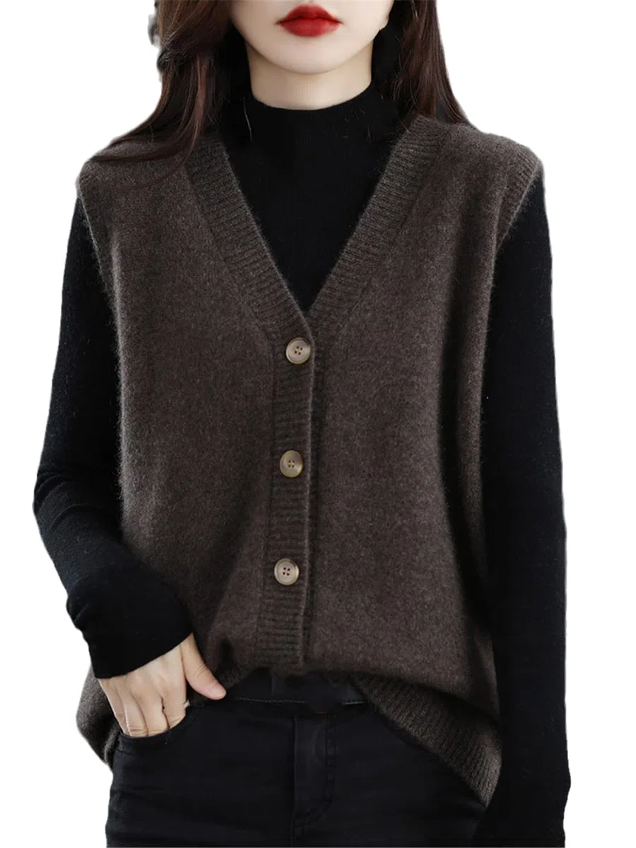 Ownwfeat Gilet in Maglia Cardigan Senza Maniche con Bottoni in Lana con Scollo A V da Donna