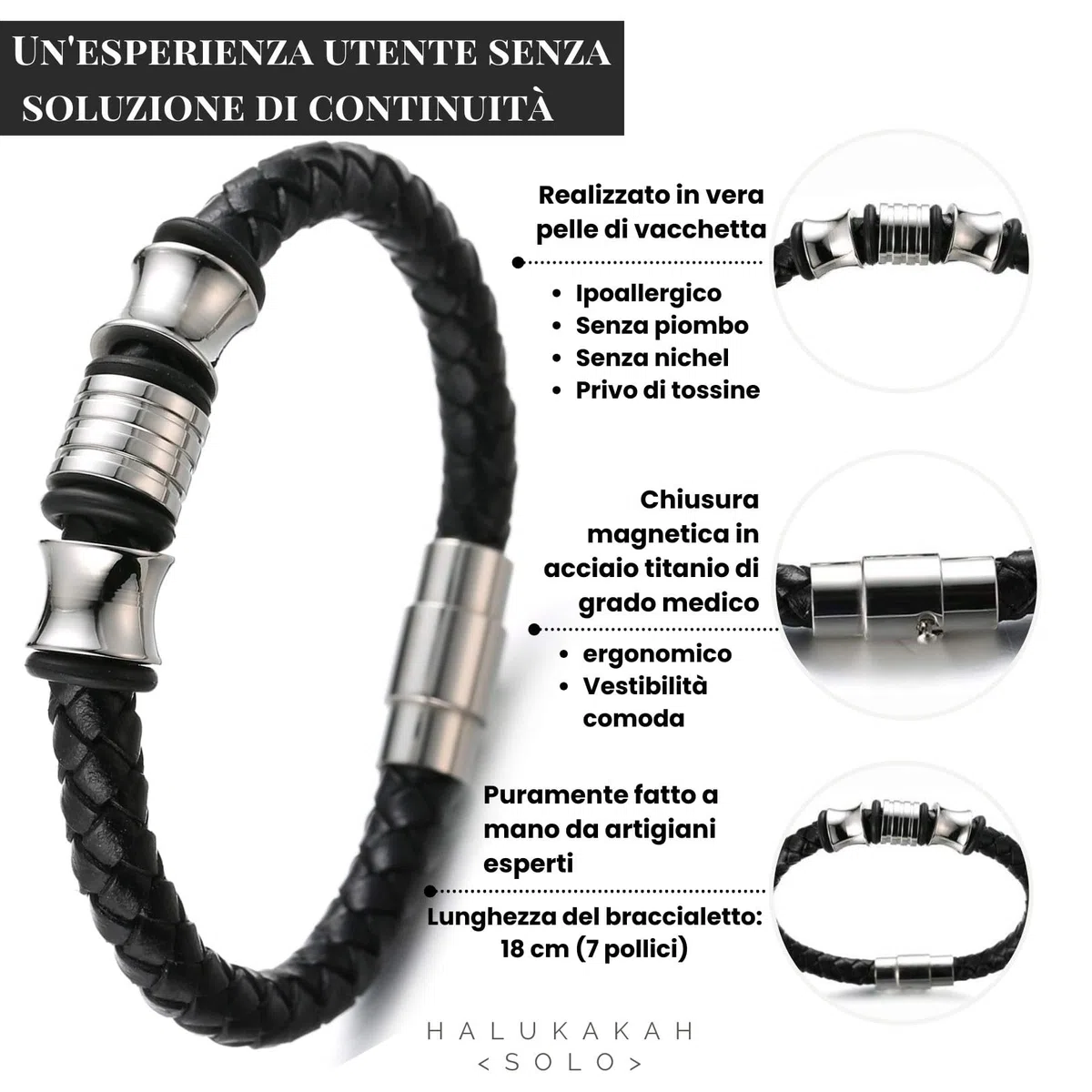 HALUKAKAH Bambini ● Solo Onore Junior ● Bracciale Ragazzo Maschio in Vera Pelle Cuoio Nero 6-12 Anni Perle in Oro Argento Titanio Acciaio Chiusura Magnetica 7"(18cm) con Pacco Regalo Gratuita
