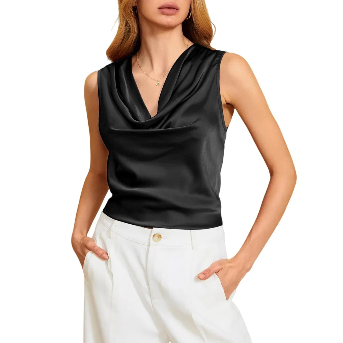 Blusa Donna Estiva Smanicata in Raso-Camicie Scollo A V Bianca Sottogiacca Elegante Seta Maglia Classica Tunica Basic T-Shirt Oversize Leggera Inter Camicia Lucida Tunica