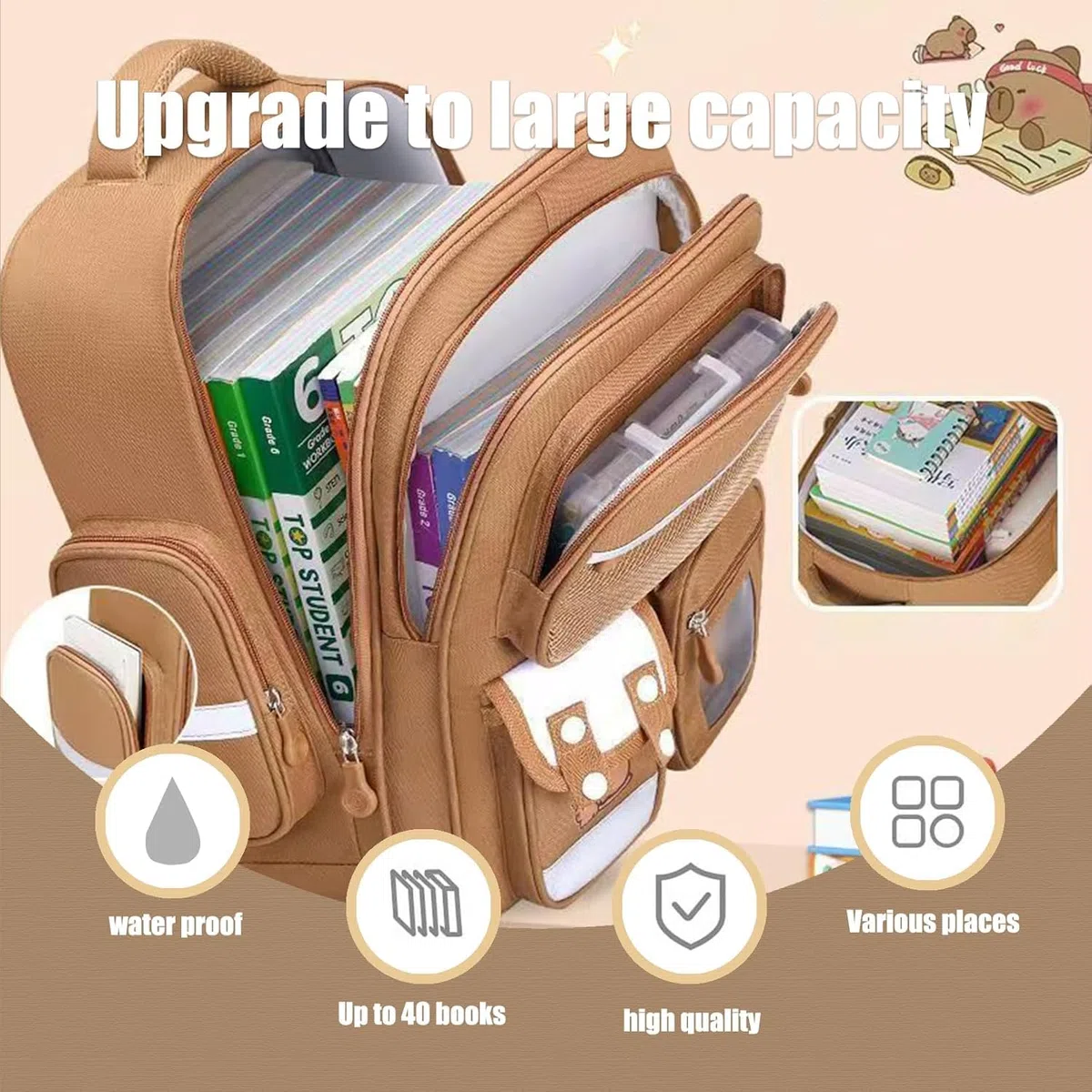 Zaino per Bambini Capibara, Zaino Capybara Kawaii per Bambine e Bambini, Borsa Scolastica Capybara con Set di Cancelleria, Regalo per Adolescenti e Studenti
