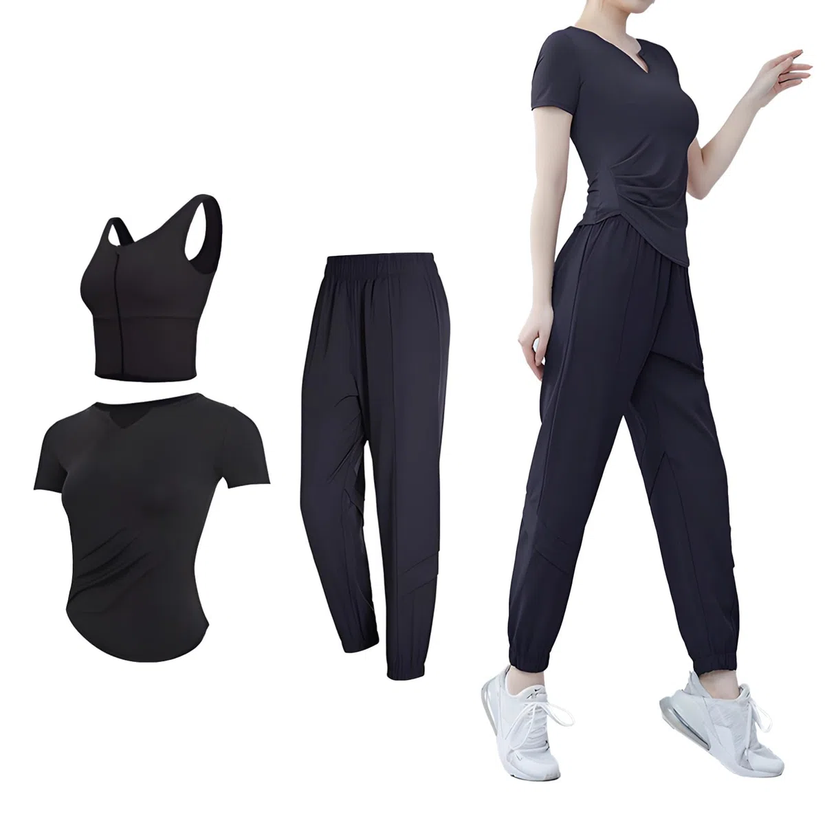 Set da allenamento da donna, reggiseno sportivo, top a maniche corte e pantaloni lunghi, per yoga e palestra, tessuto in poliestere spandex XXL, traspirante, design anti pelucchi