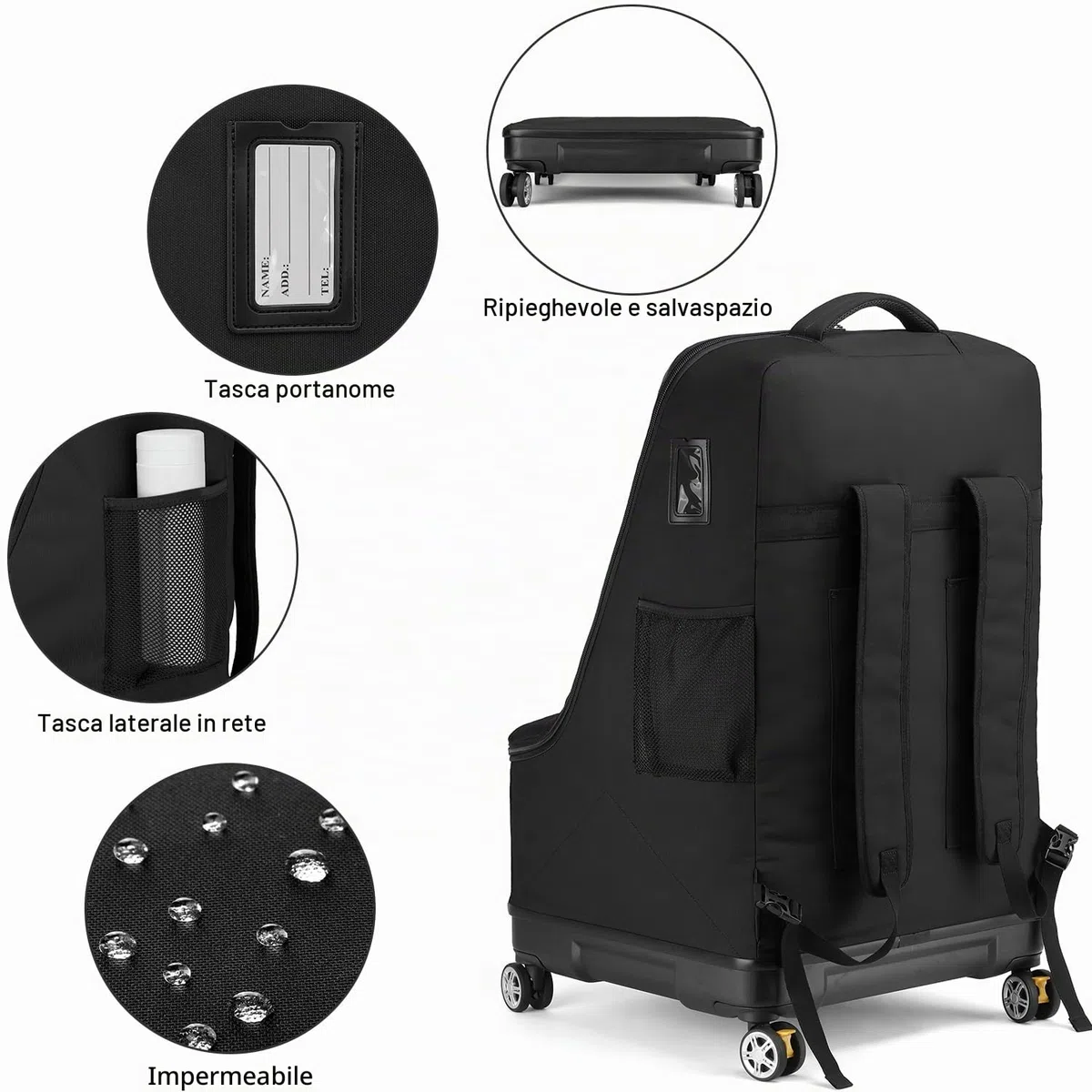 TUGUAN Borsa da viaggio per seggiolino auto per aereo con ruote girevoli, zaino imbottito per seggiolino auto, grande borsa a quadri per cancello, nero, 28 Inches, Zaino da viaggio per seggiolino auto