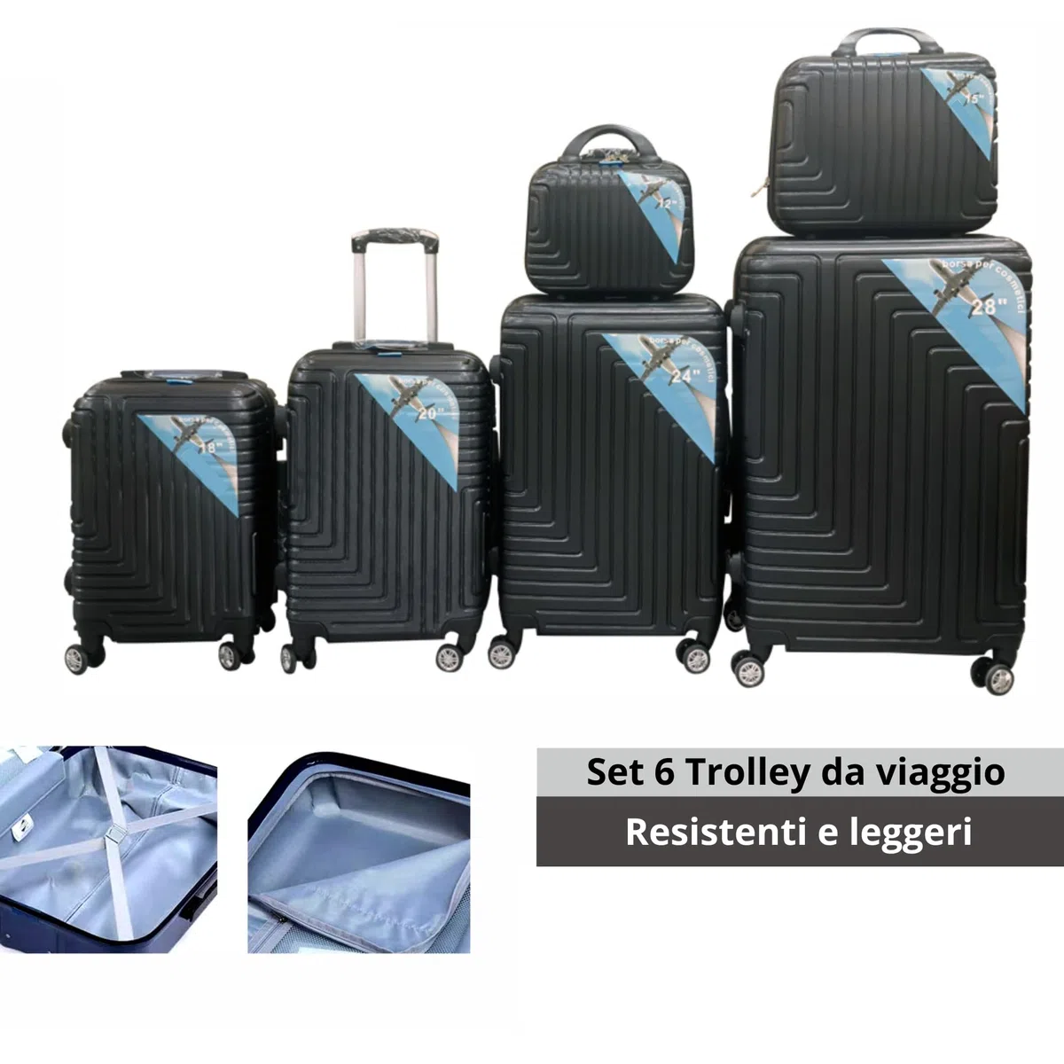 Set di 6 valigie con 4 trolley rigidi a ruote doppie + 2 beauty case, antigraffio antiurto lacci interni tasche con zip valigie da viaggio resistenti leggere da 39 a 55 cm nere eleganti