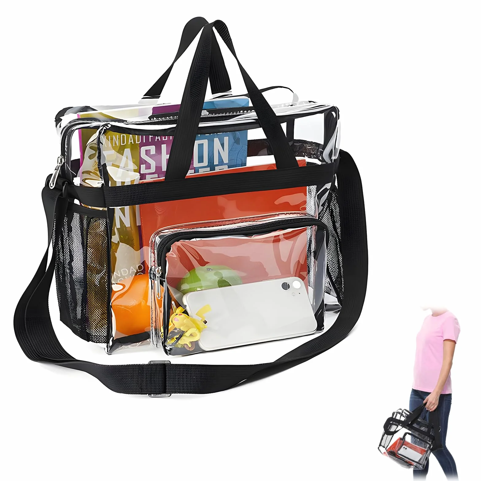 Borsa Trasparente, PVC Borsa Trasparente Grande con Tasche | Borsa Trasparente Donna Approvata Dallo Stadio per la Palestra, per Il Lavoro, per I Giochi Sportivi e Concerti