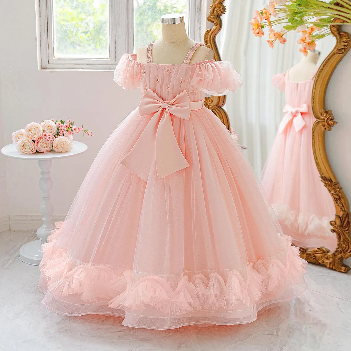 Generico Gonna Tulle Bambina Tutu Ballerina Bambina Gonna A Vita Alta A Maniche Corte da Concorso, Abito Formale per Feste, Compleanni E Gare di Bellezza