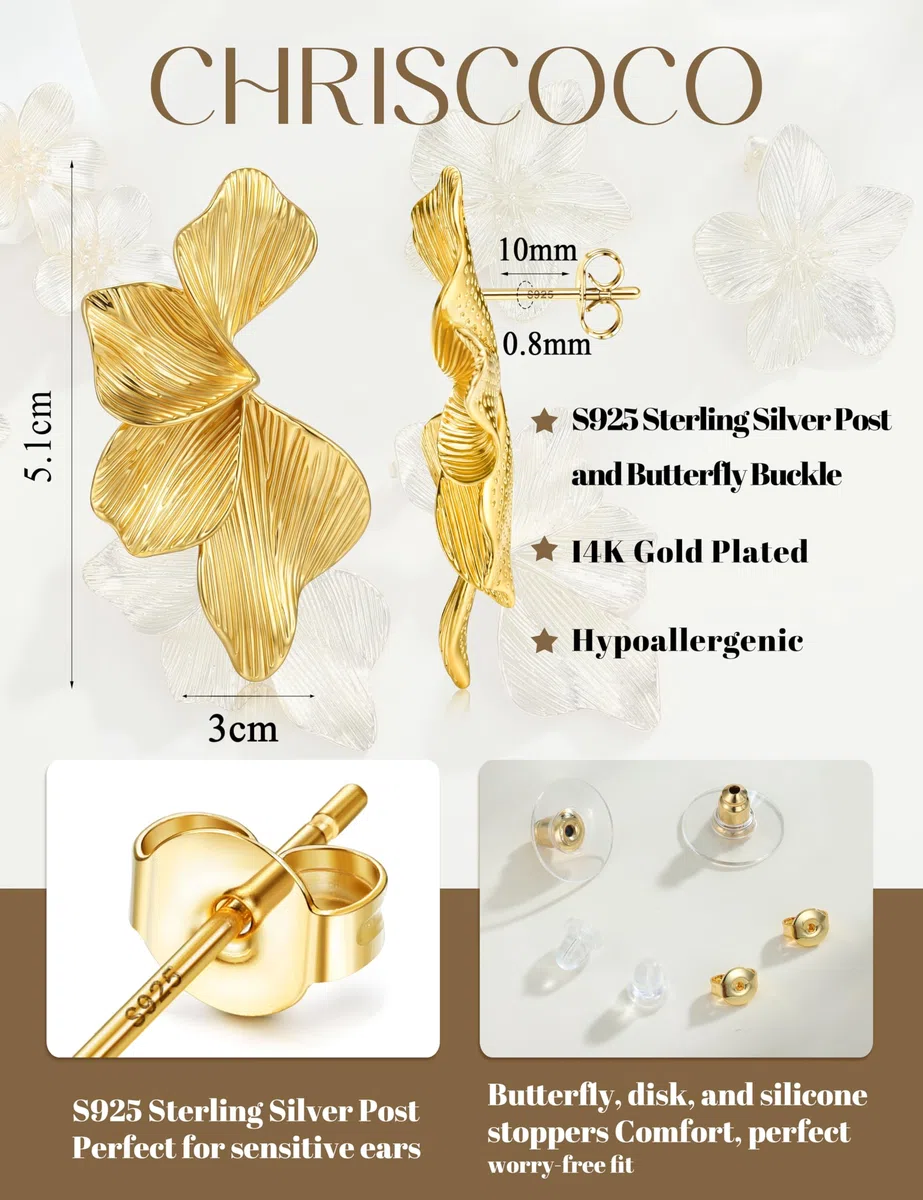 Chriscoco Orecchini Fiore Argento 925 Spillone Placcati Oro 14K Orecchini Statement Grandi Ipoallergenici Orecchino a Fiore Pendenti Donna Petalo Leggeri Gioielli Boho