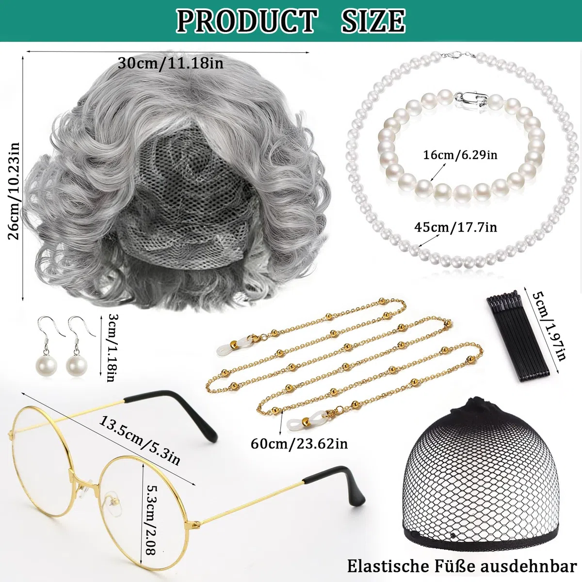Set di 8 parrucche vecchie da donna, accessori per cosplay, collana di perle sintetiche e collane per occhiali, per Halloween, festa del libro del mondo, in maschera, carnevale
