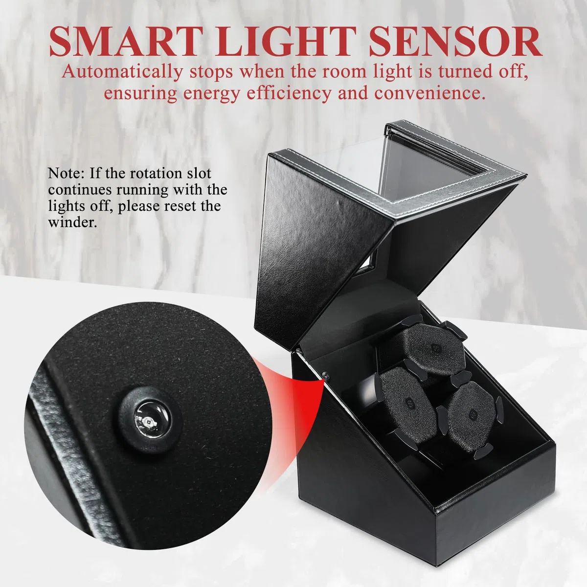 Caricaorologi Automatico per 3 Orologi, con Sensore di Luce Intelligente, 2 Modalità di Rotazione, Cuscini in Memory Foam, Caricaorologi Rotante Automatico con Rivestimento Esterno in Ecopelle