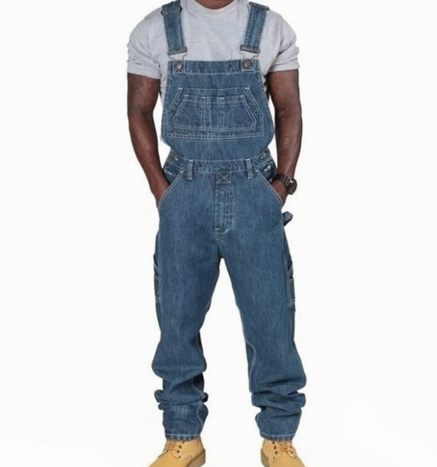 MANYMANY Salopette da Lavoro da Uomo in Denim con vestibilità Ampia, Salopette da Lavoro Regolabile, Salopette Baggy Chic con Tasche Multiple