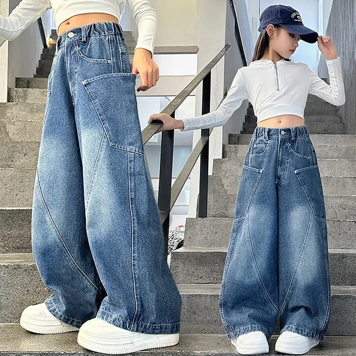 Bambini Ragazze Baggy Cargo Jeans Y2K Streetwear con Tasche Teen Girls Jeans a Gamba Larga Elastico in Vita Pantaloni Denim Vintage Flared Pantaloni della tuta Preppy Vestiti