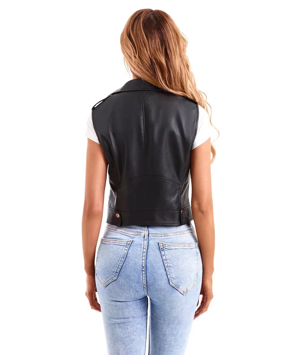 DIASHINY Gilet in ecopelle per donna pelle da senza maniche Gilet moto senza maniche con risvolto Biker Gilet