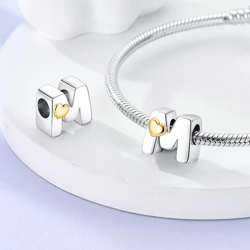 Bead Charm Ciondolo Argento Sterling 925 Lettere con Cubic Zirconia Pendenti per Pandora Braccialetti, Compatibile con Braccialetti e Collane europei