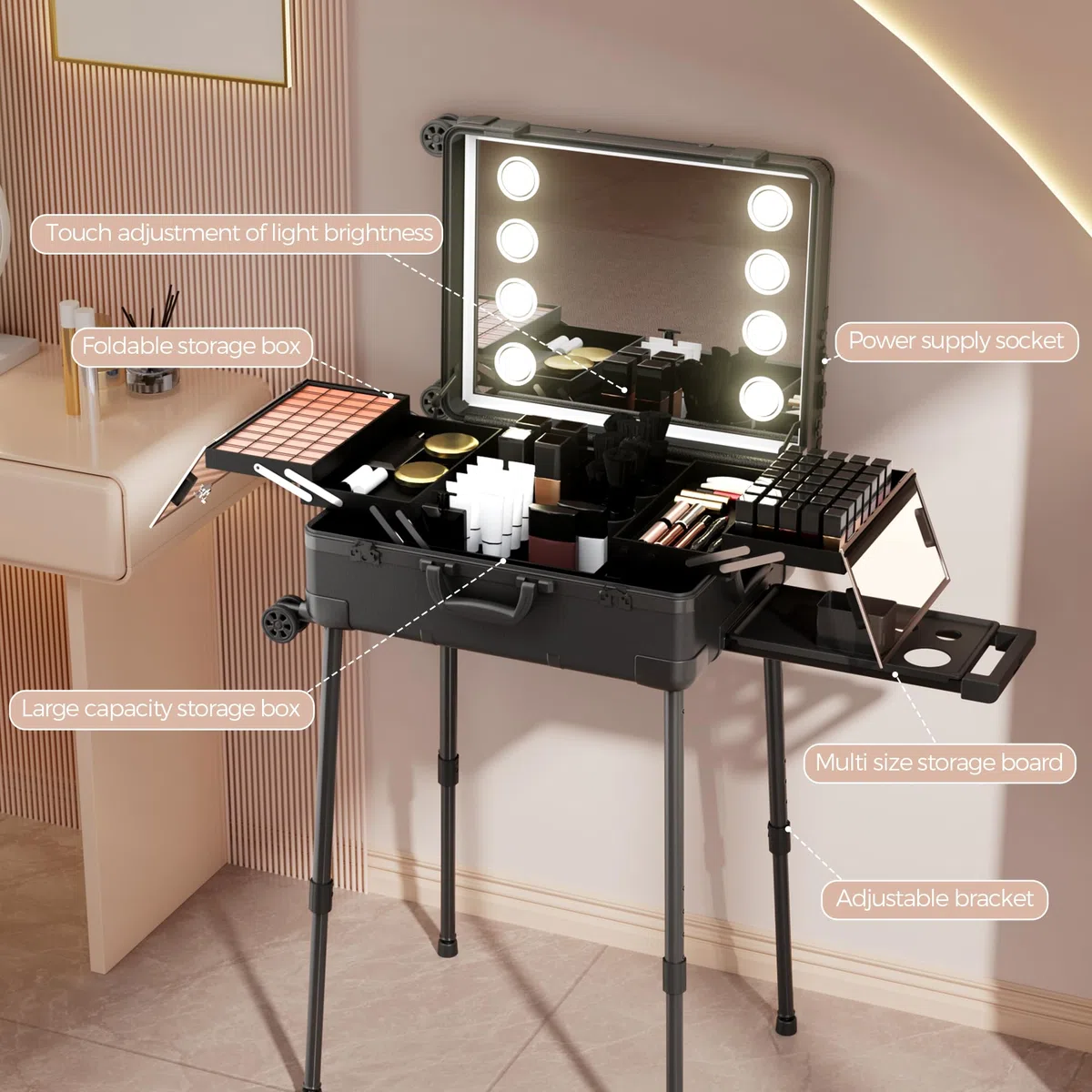 Valigetta Trucco con Rotelle in Alluminio, Grande Specchio con Illuminazione a LED, Organizzazione Cosmetici con Serratura a Combinazione, Stazione Trucco Pieghevole per Studio e Viaggio, Nera