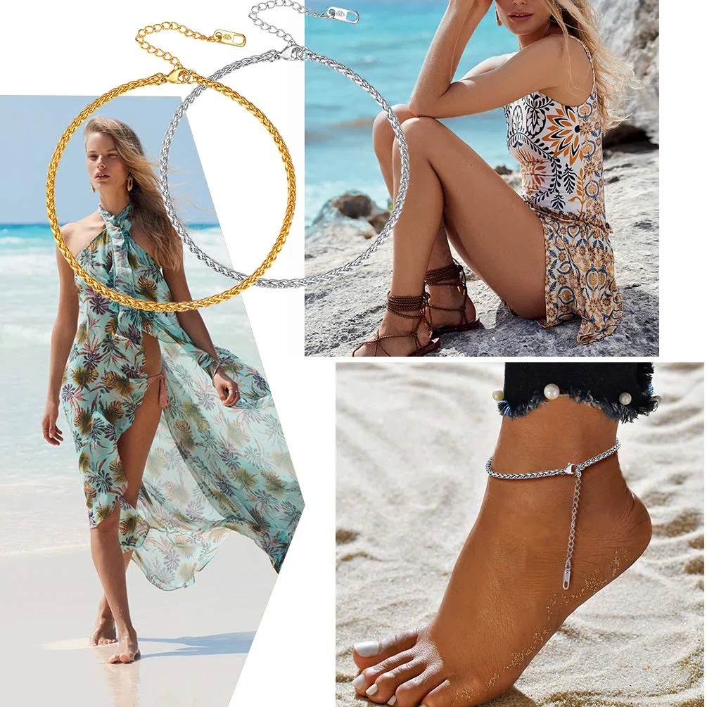 PROSTEEL Cavigliera a Catena Regolabile Set Impilabili Estetica Tricolore Cavigliera Donna Minimalismo Vacanze al Mare