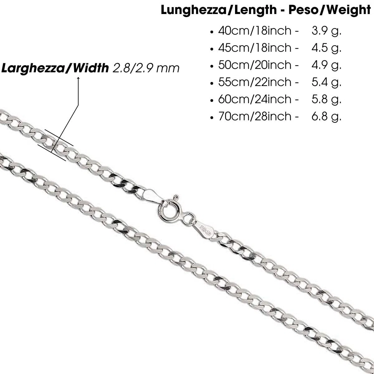Aka Gioielli - Catenina Maglia Grumetta 3mm in Argento Sterling 925 Rodiato - Collana Argento Donna Uomo Lunghezza: 40 45 50 55 60 70 cm