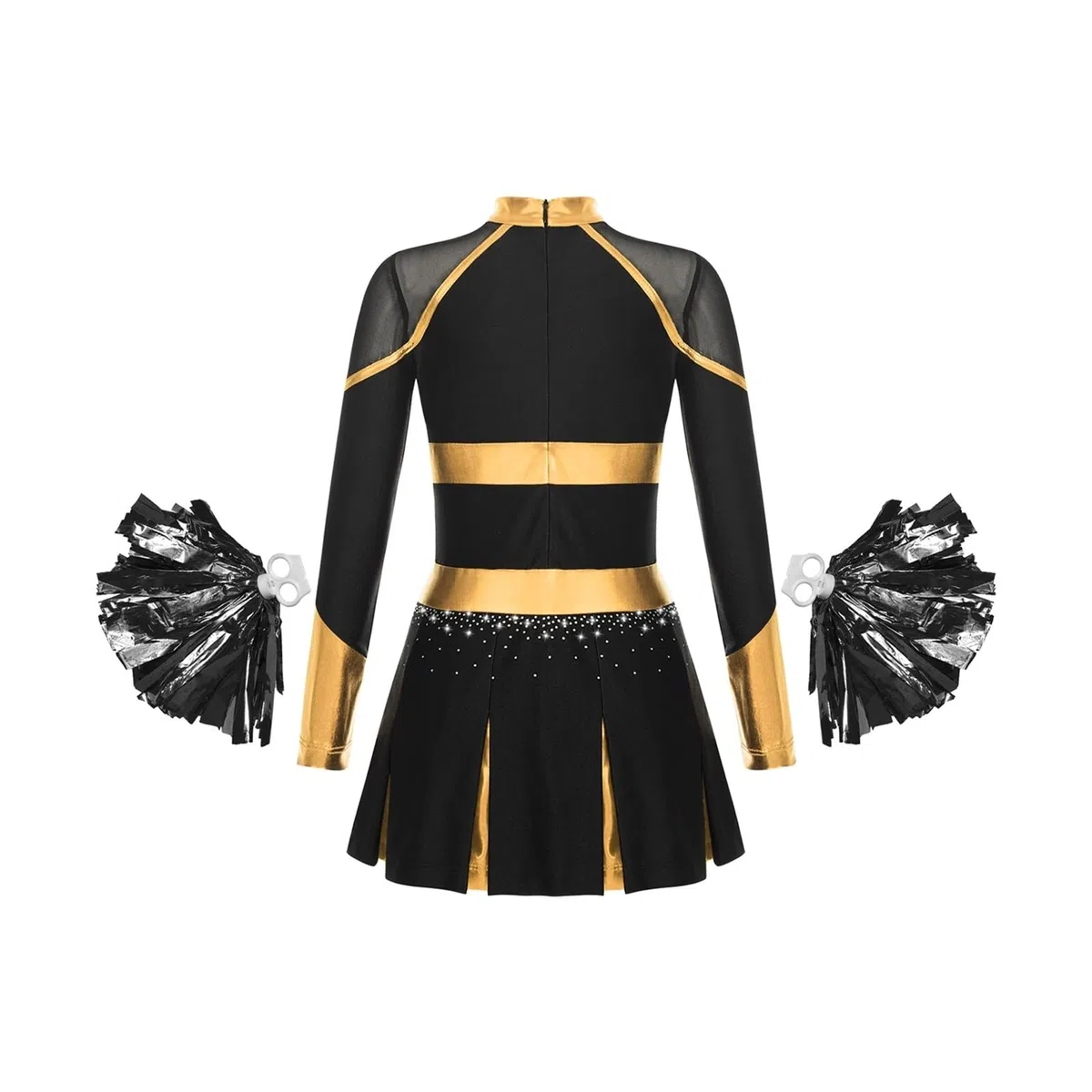 Costume Cheerleader Donna Costume da Ballo Uniforme da Cheerleader Abito Pieghettato a Maniche Lunghe Metallizzato con Strass con 2 Fiori a Mano(Blue A,16)