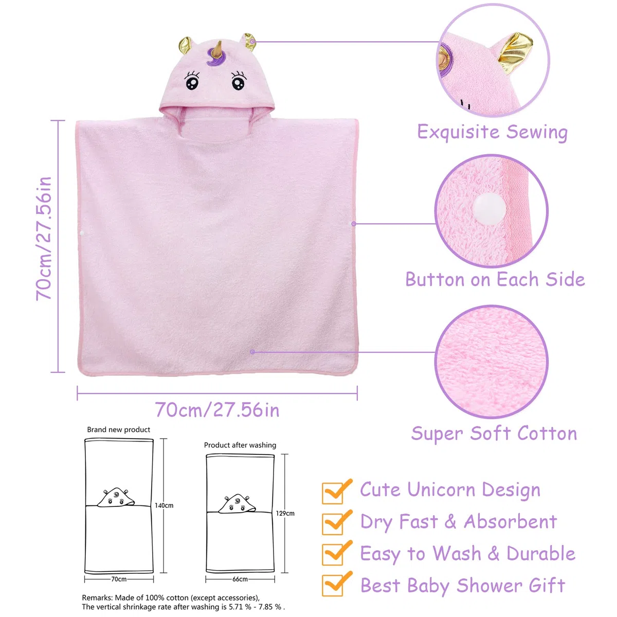 Poncho Asciugamano Bambina Unicorno Accappatoio Cotone Bimba, per Piscina, da Bagno, Mare, Regalo Bambina 1-5 anni